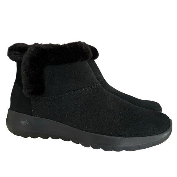 Skechers Womens On The Go Black Suede Pull On Winter Ankle Boots Faux Fur Size 7 - Picture 1 of 12